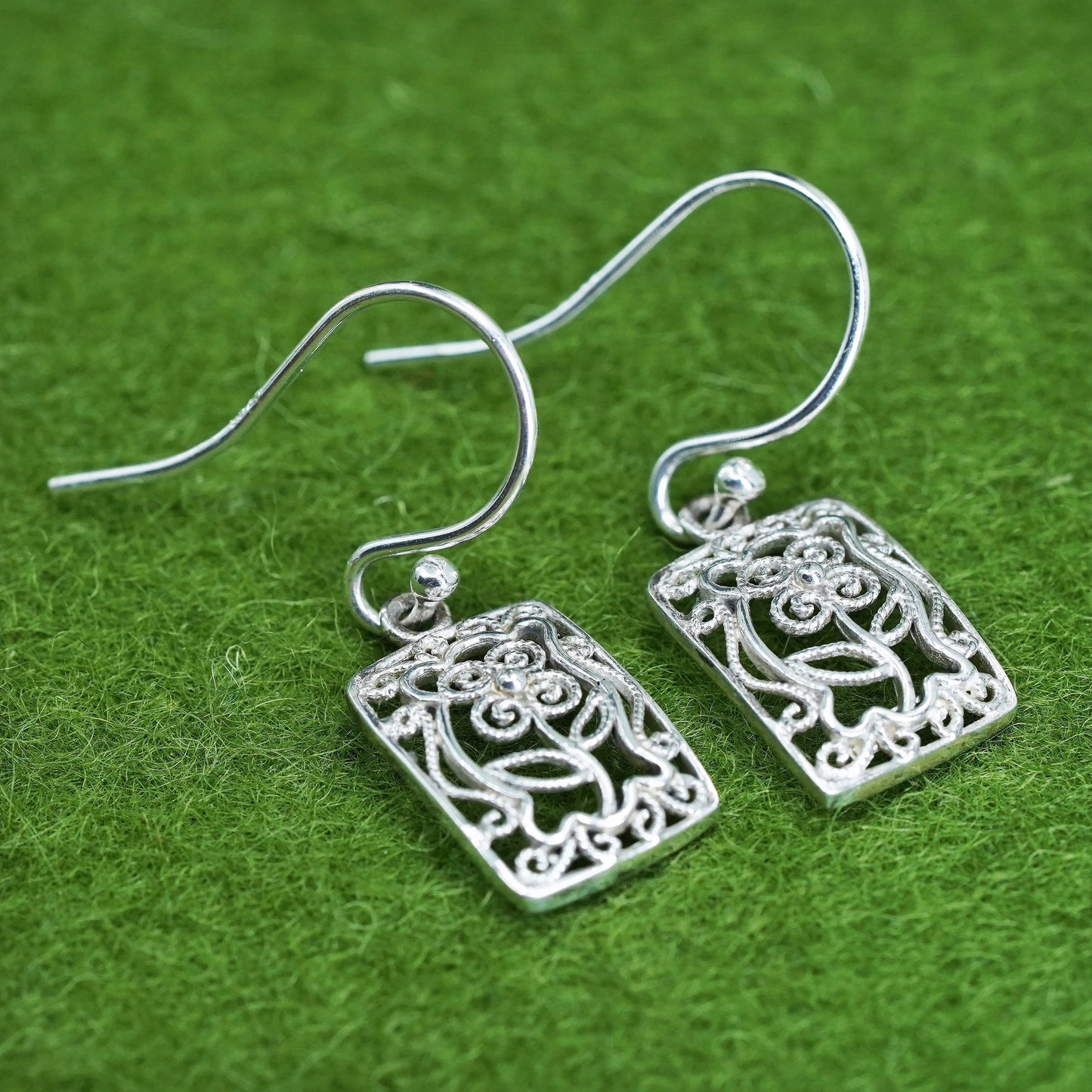 Vintage Sterling silver handmade earrings, 925 filigree rectangular dangles