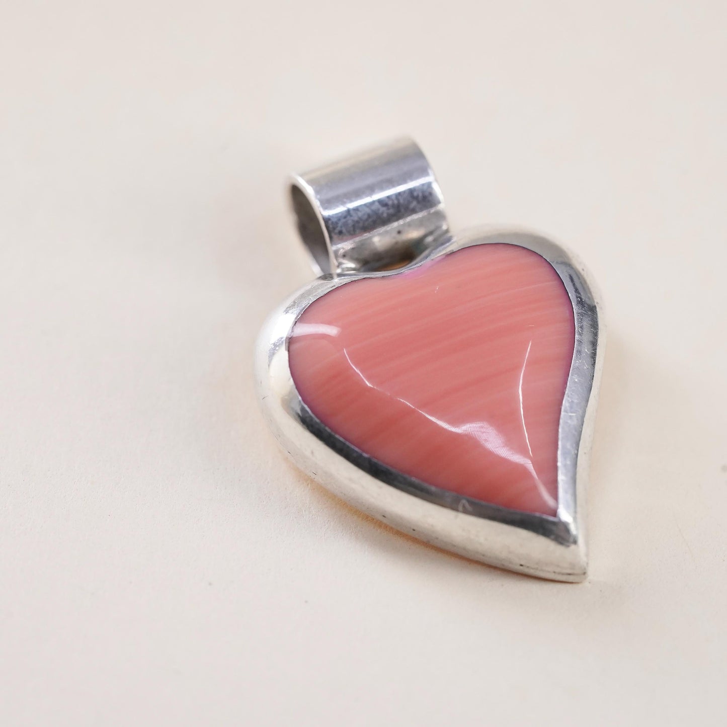 vintage handmade sterling silver heart pendant, Mexican ATI 925 with pink agate