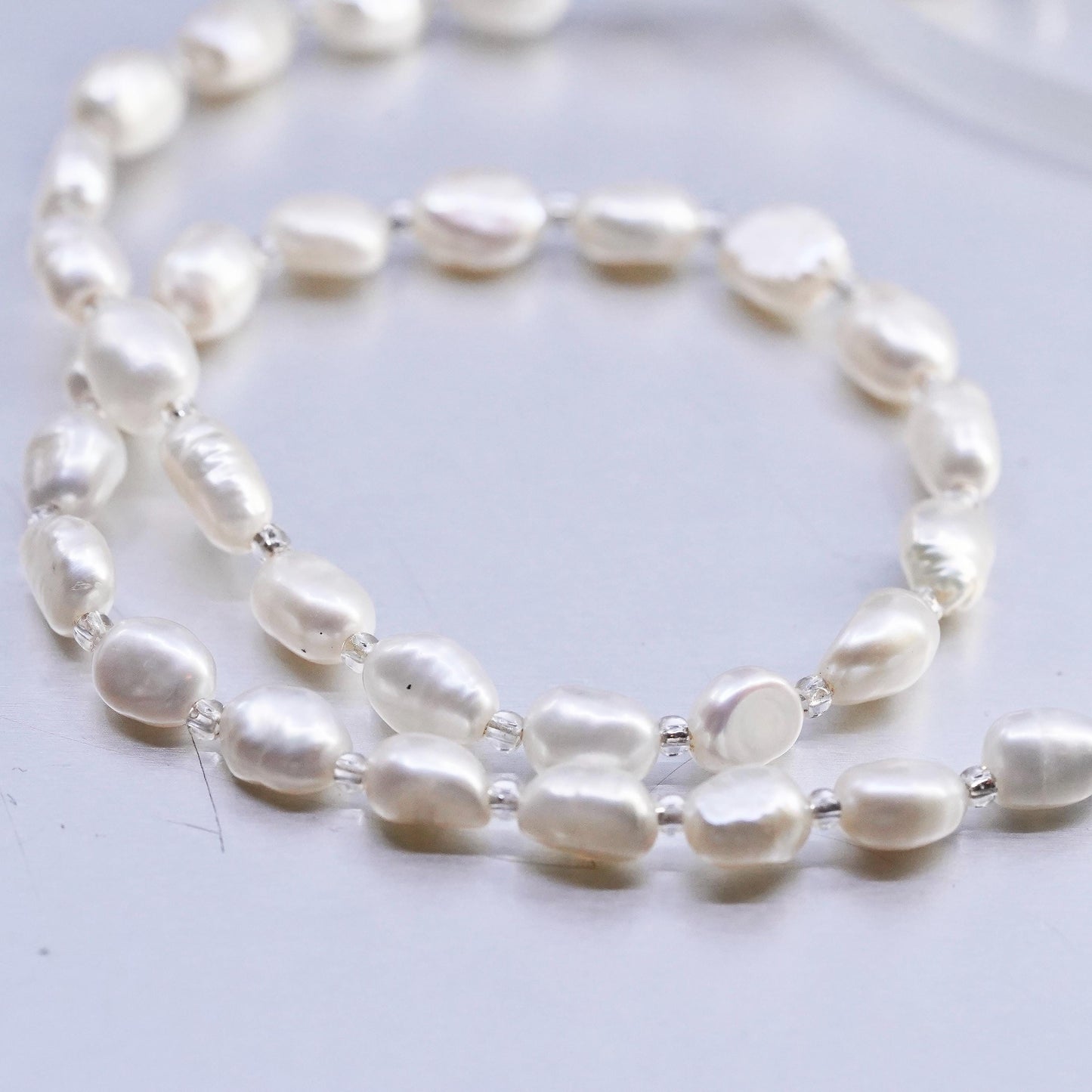 18", vintage sterling 925 silver necklace w/ 6mm freshwater baroque pearl beads