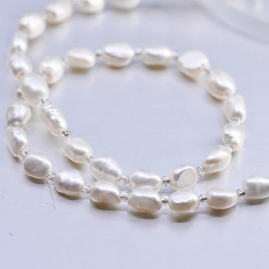 18", vintage sterling 925 silver necklace w/ 6mm freshwater baroque pearl beads