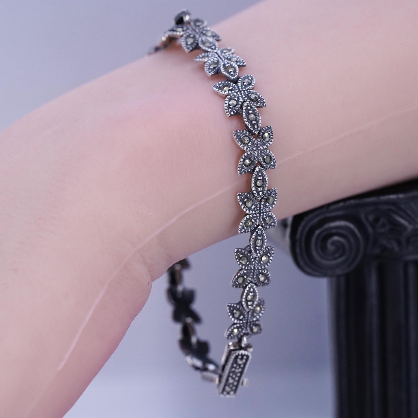 7.5”, VTG Sterling 925 silver handmade bracelet, marcasite floral tennis chain