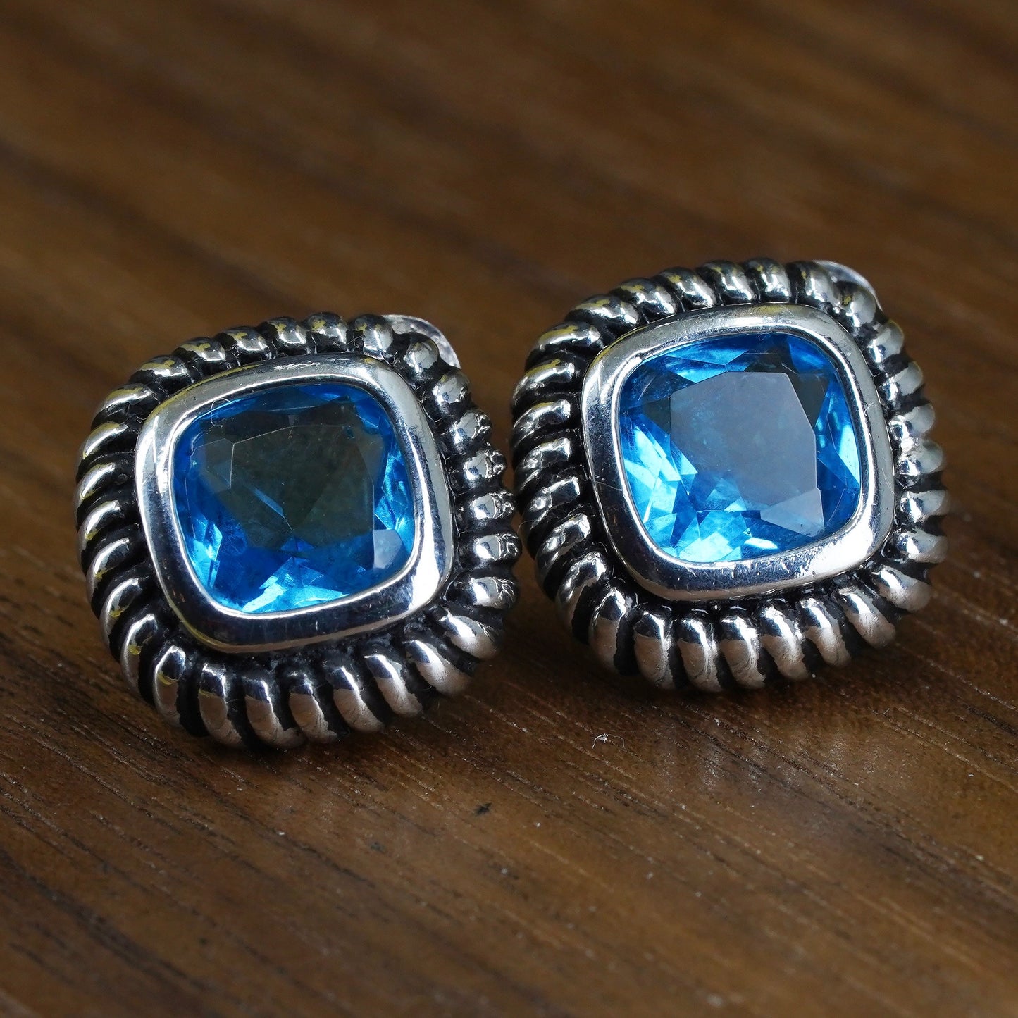 Vintage Sterling silver handmade earrings, 925 rubber studs with blue topaz