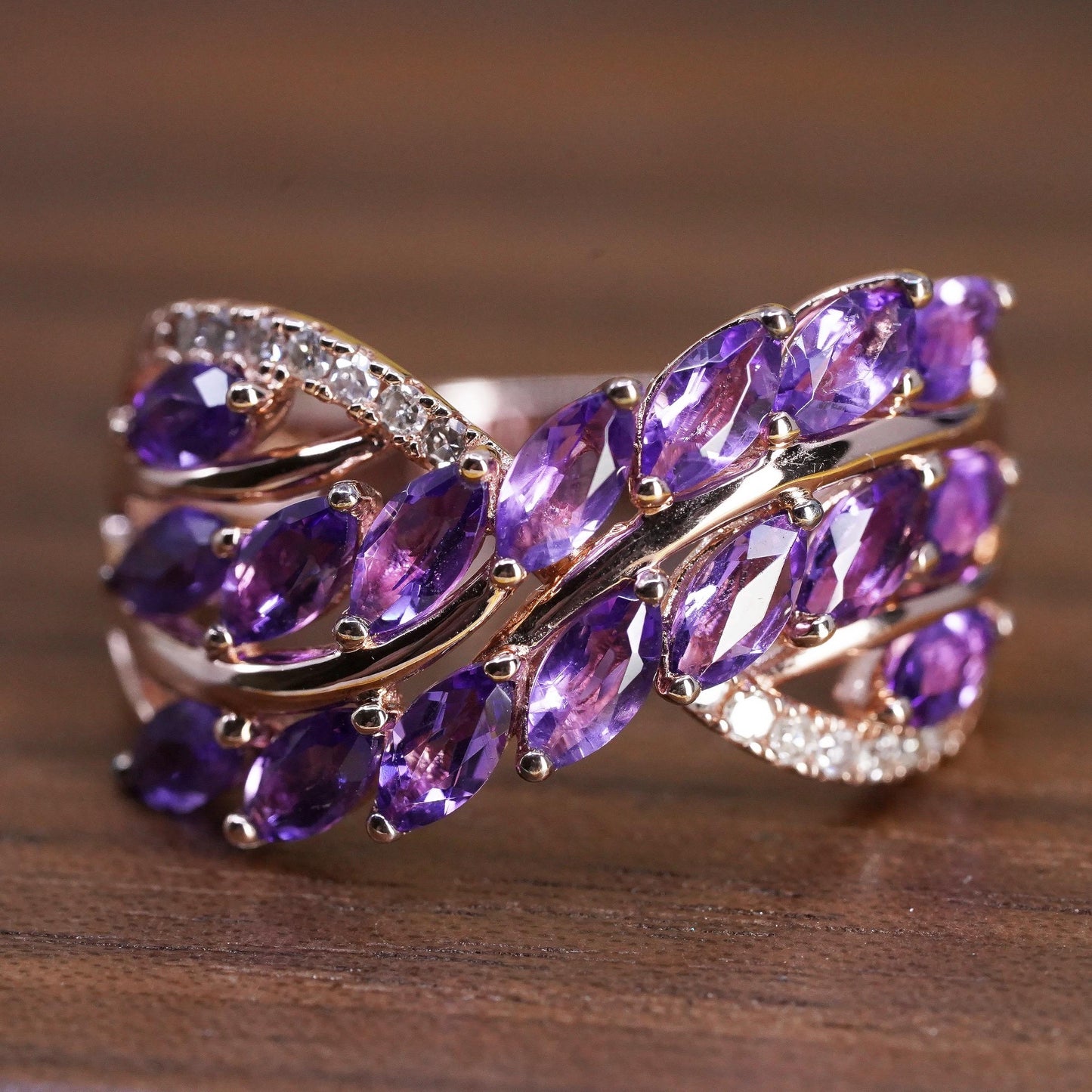 Size 7.25, PM vermeil rose gold over Sterling 925 silver ring amethyst diamonds