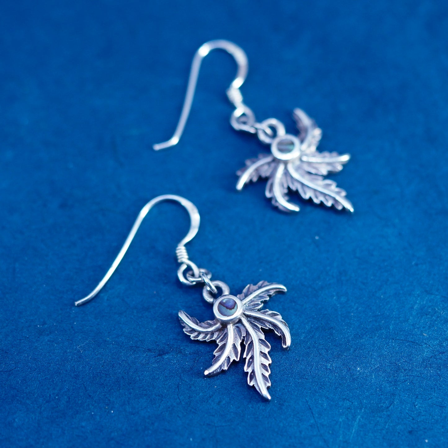 Vintage sterling silver handmade earrings, 925 leaf drop and abalone inlay
