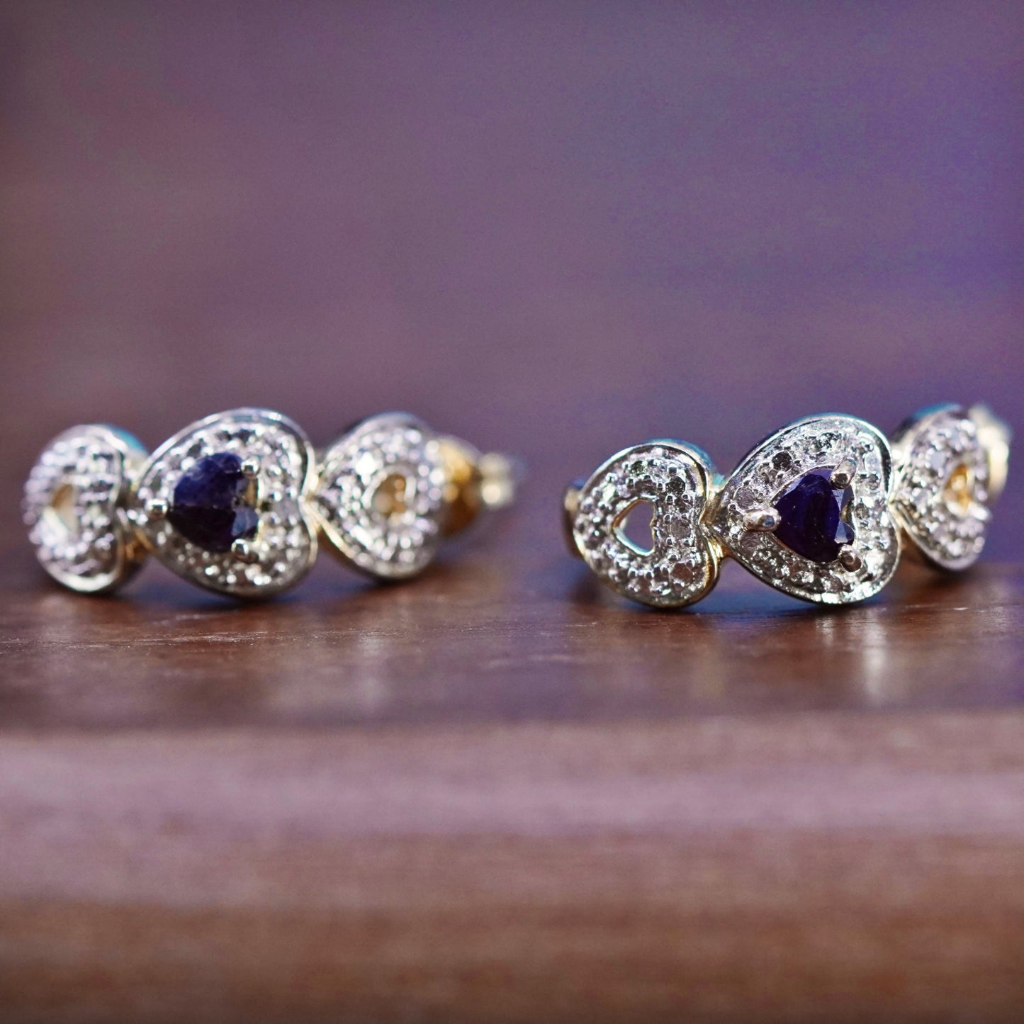vermeil gold Sterling silver earrings, 925 heart huggie studs sapphire diamond