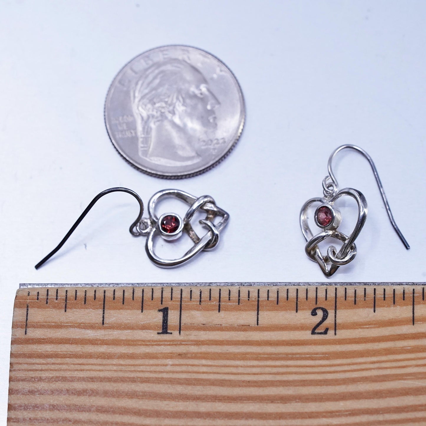 Vintage Sterling 925 silver heart earrings with garnet
