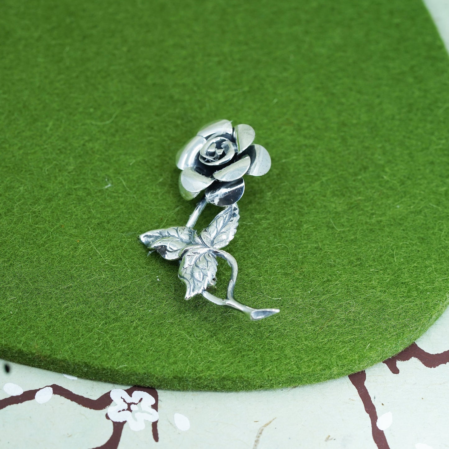 Vintage sterling silver handmade rose flower brooch, 925 silver brooch