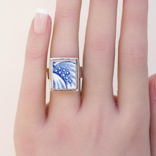 Size 7, Vintage Sterling Silver 925 Blue Porcelain Ring, Chinese Ceramic Shard