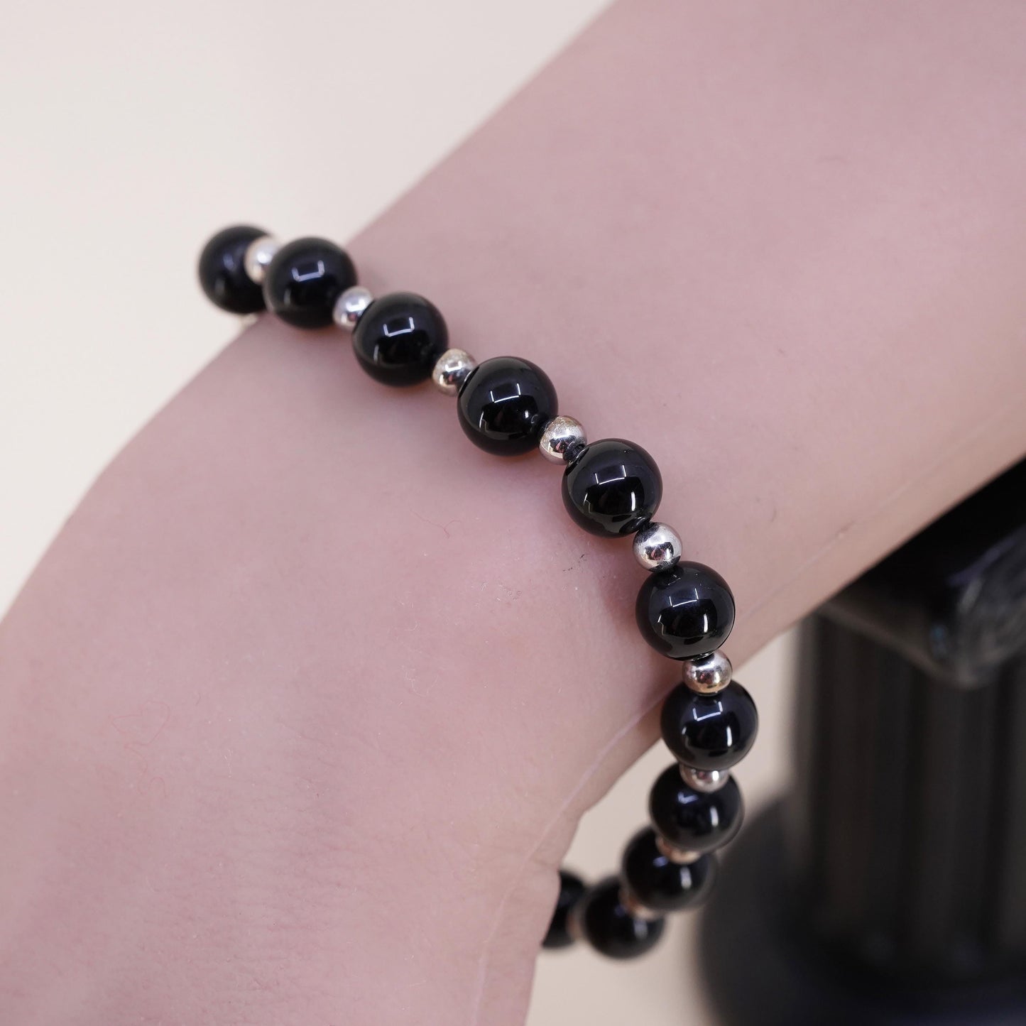 7” 7mm, Vintage Sterling 925 silver handmade bracelet with onyx beads