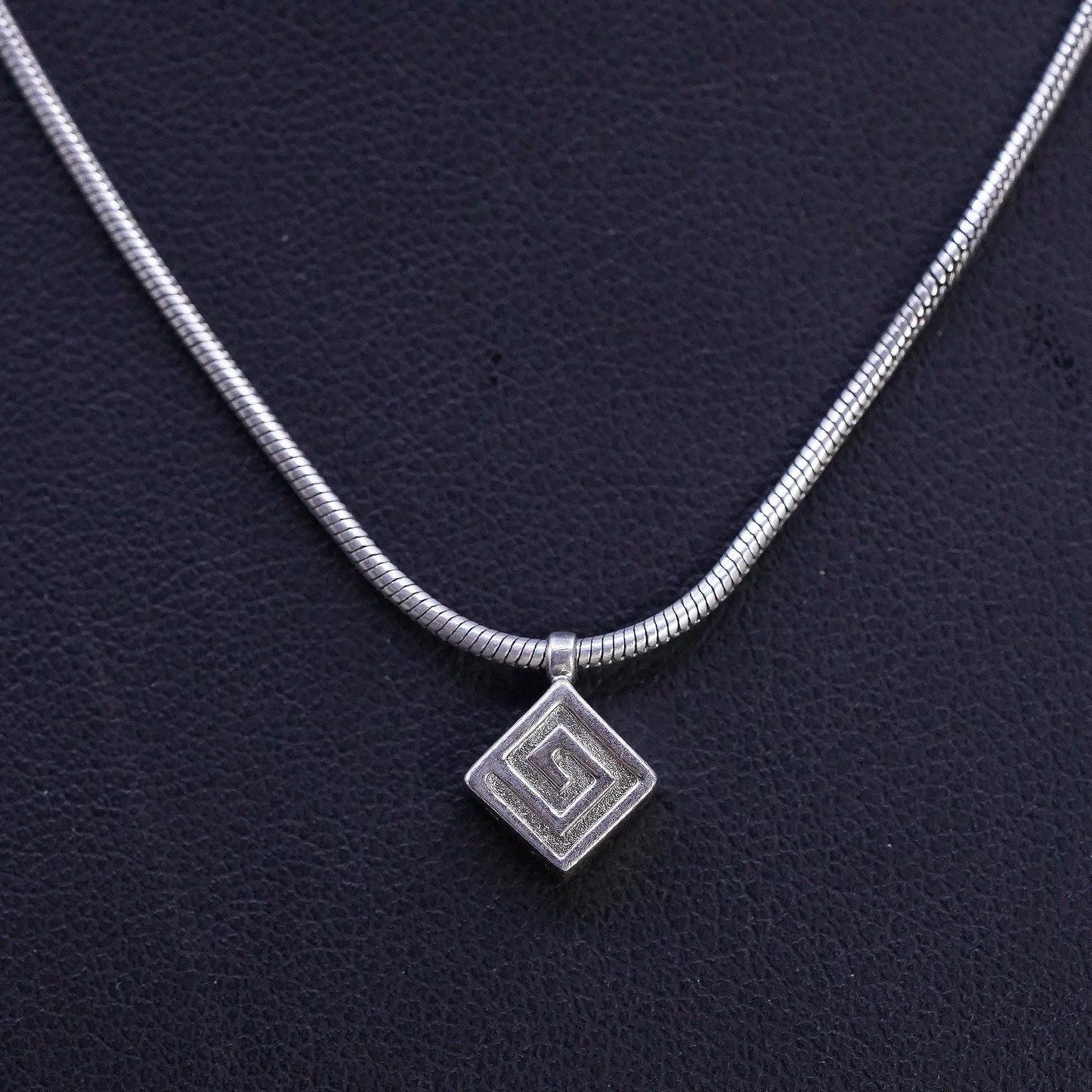 16", VTG Sterling silver necklace, 925 snake chain Greek key patterend pendant
