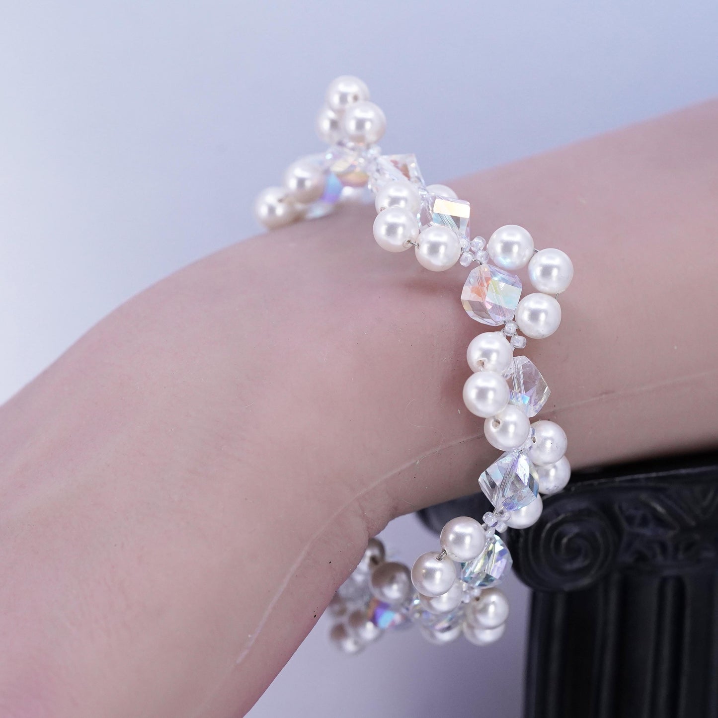 7.25", Sterling 925 silver bracelet cluster faux pearl, AB crystal heart clasp