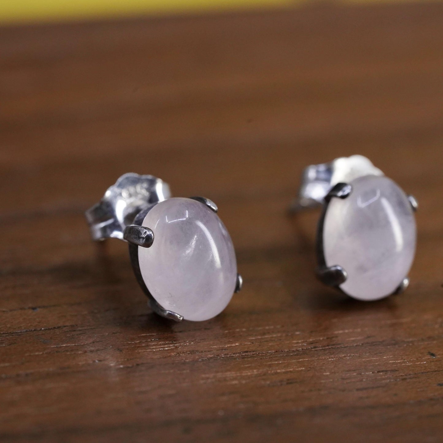 Vintage Sterling silver handmade earrings, 925 oval studs with pink quartz