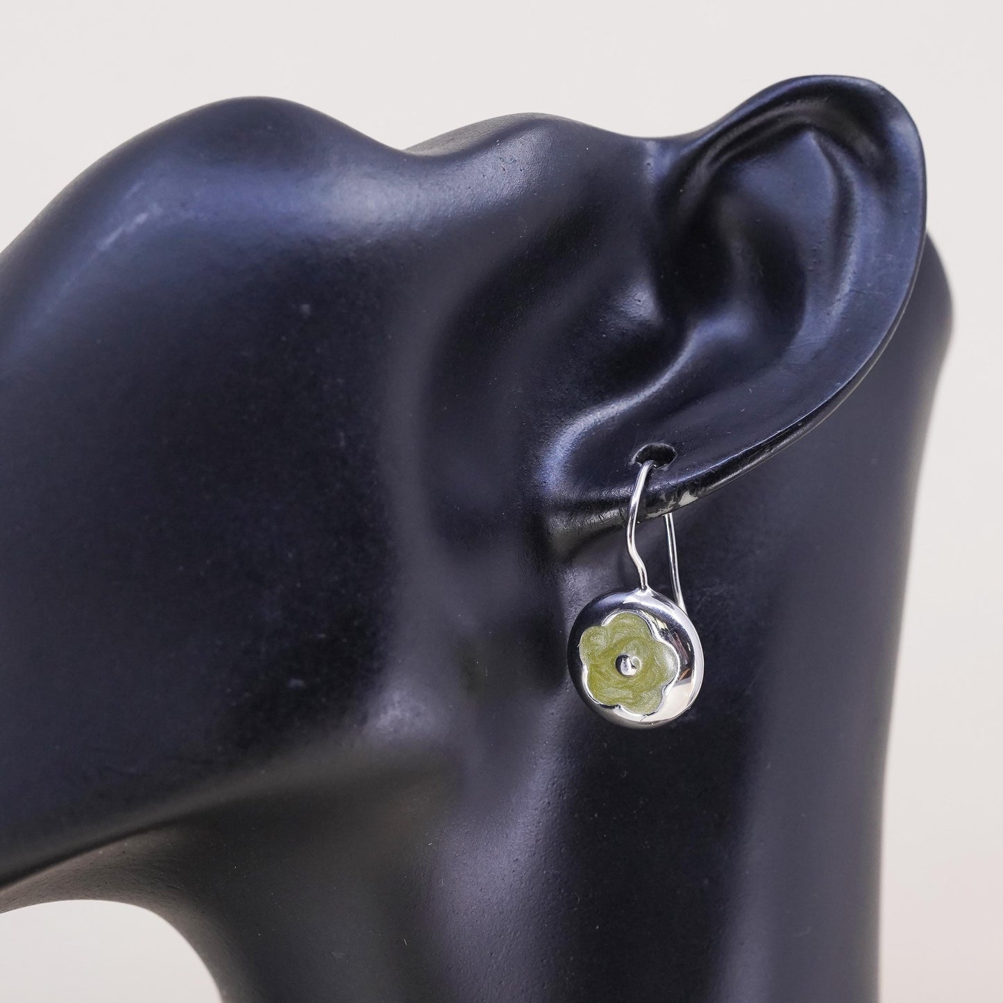 Vintage handmade single earring. Sterling 925 silver green enamel flower