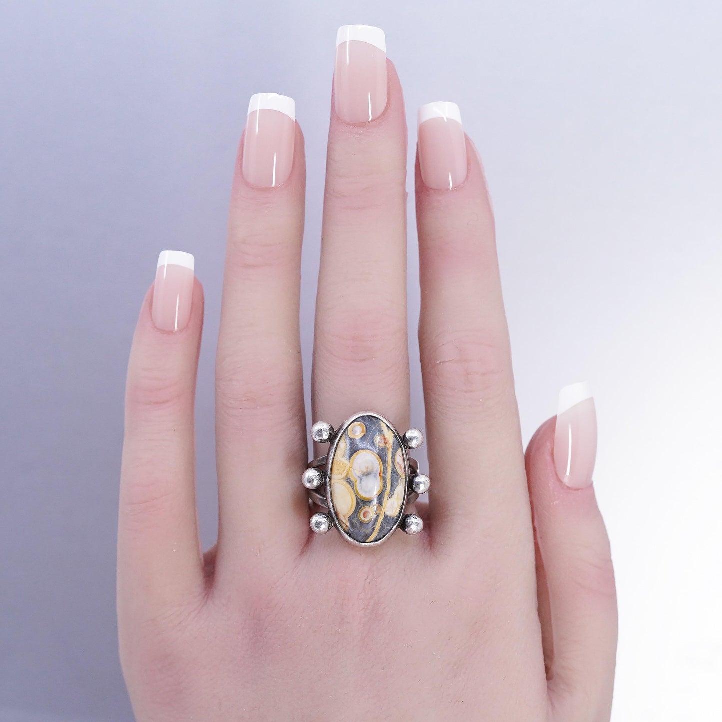 Size 8, 925 Sterling Silver Ocean Jasper Ring, Orbicular Jasper Cabochon Ring