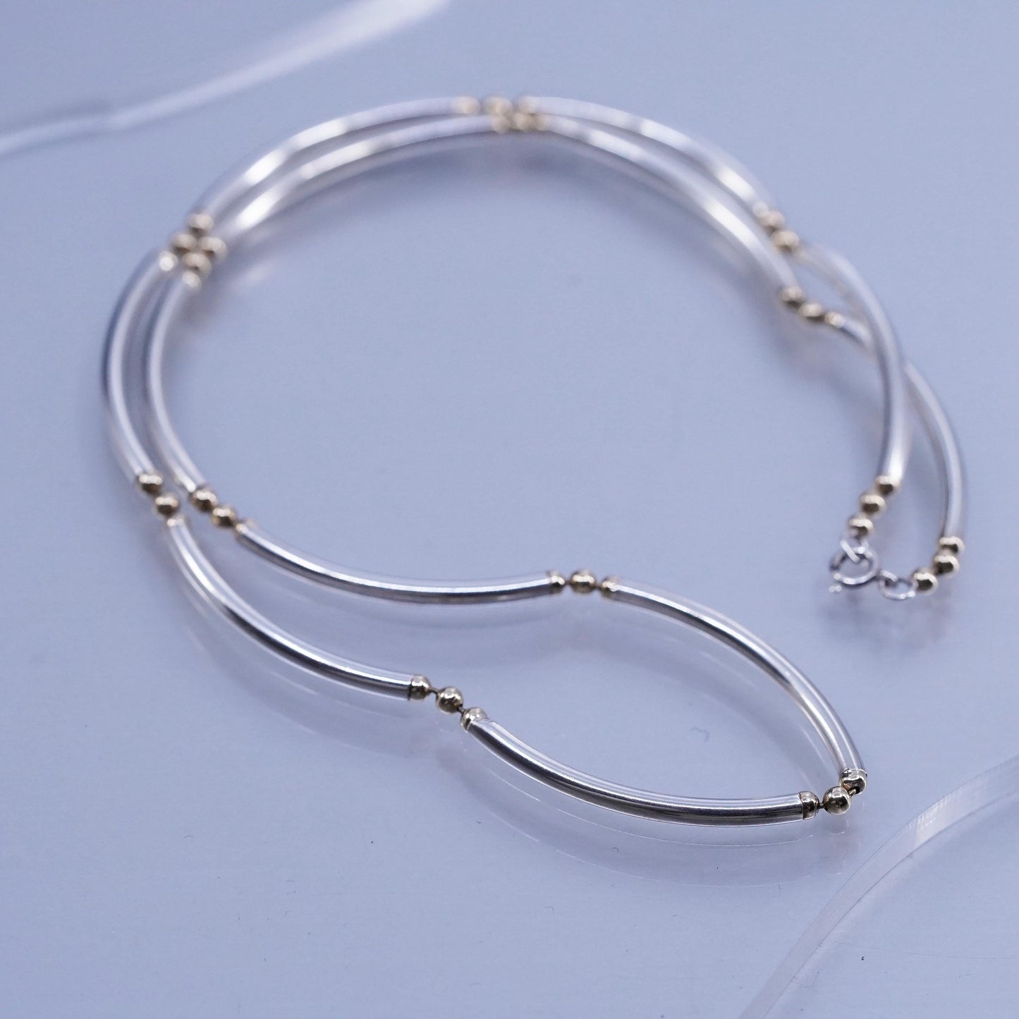 18” 2mm, vintage two tone Sterling 925 silver bar chain necklace with beads