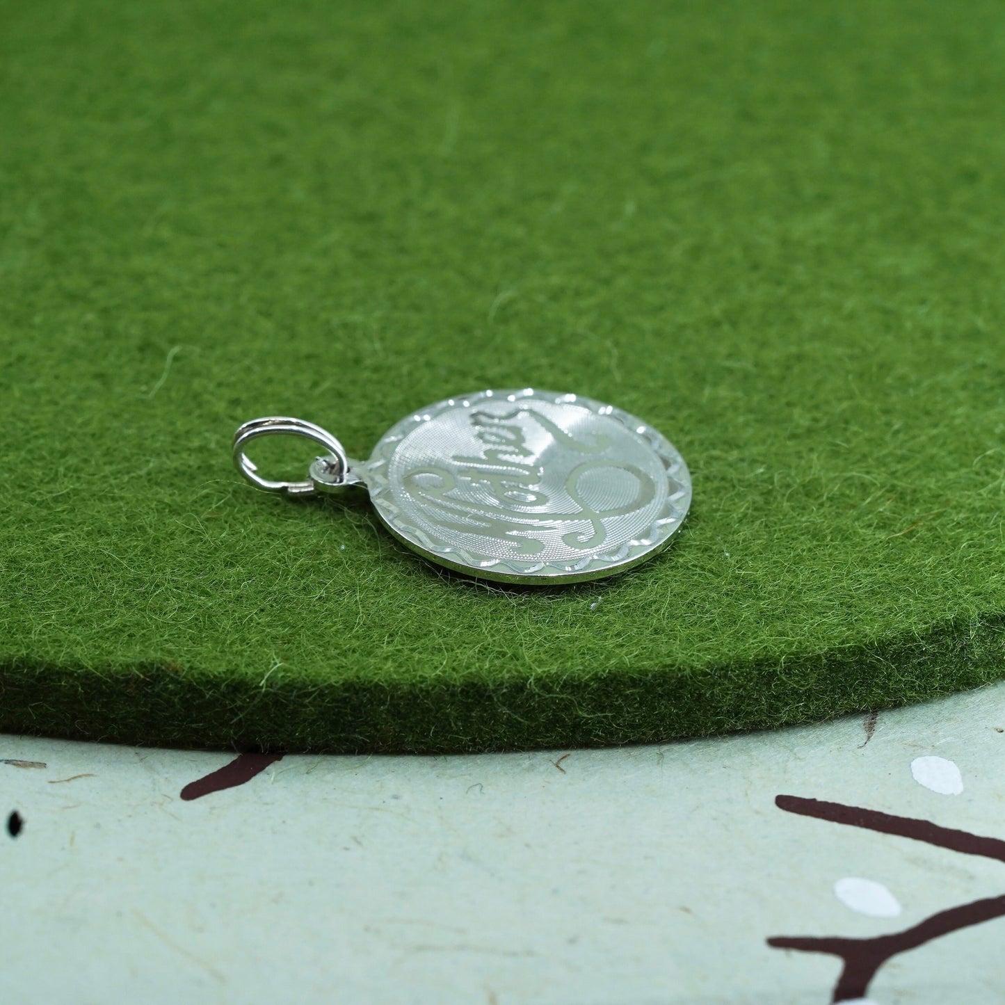Vintage sterling silver pendant, 925 circle tag charm embossed “mother”