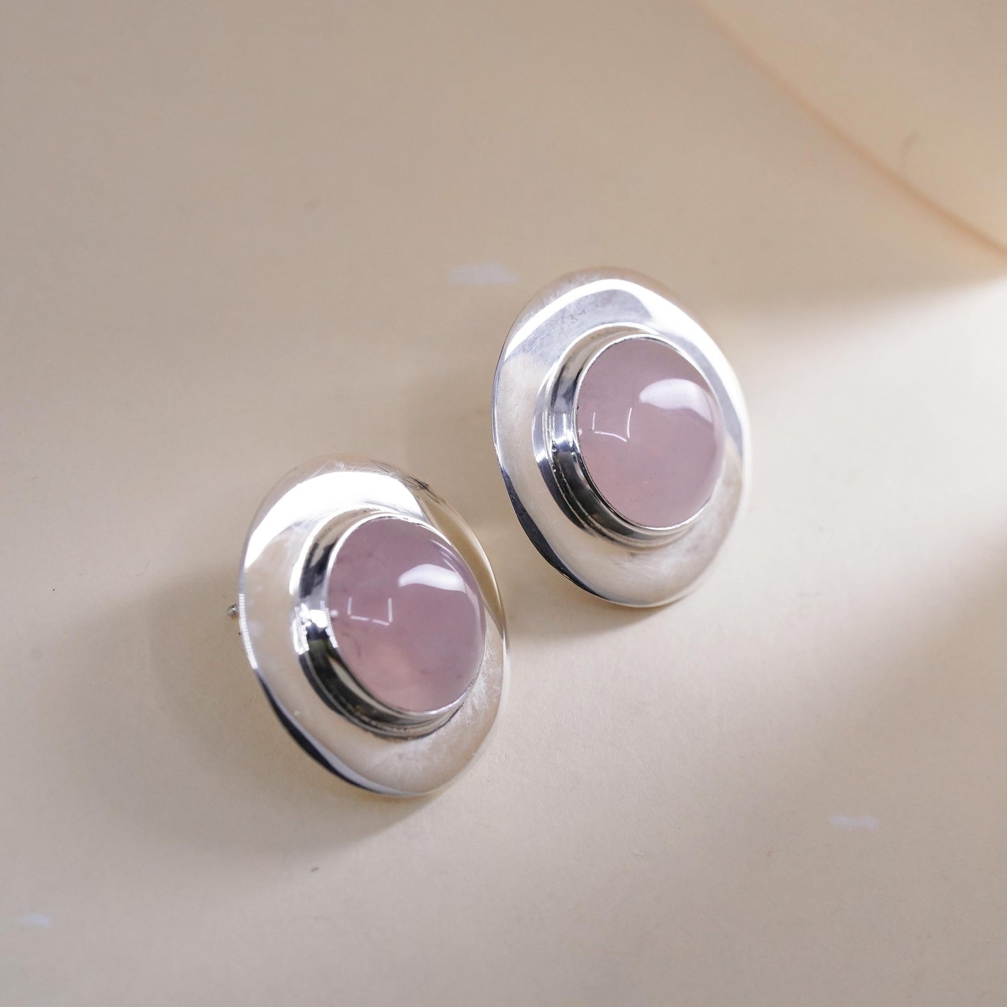 Vintage Sterling silver earrings, 925 circle studs with oval pink quartz stone
