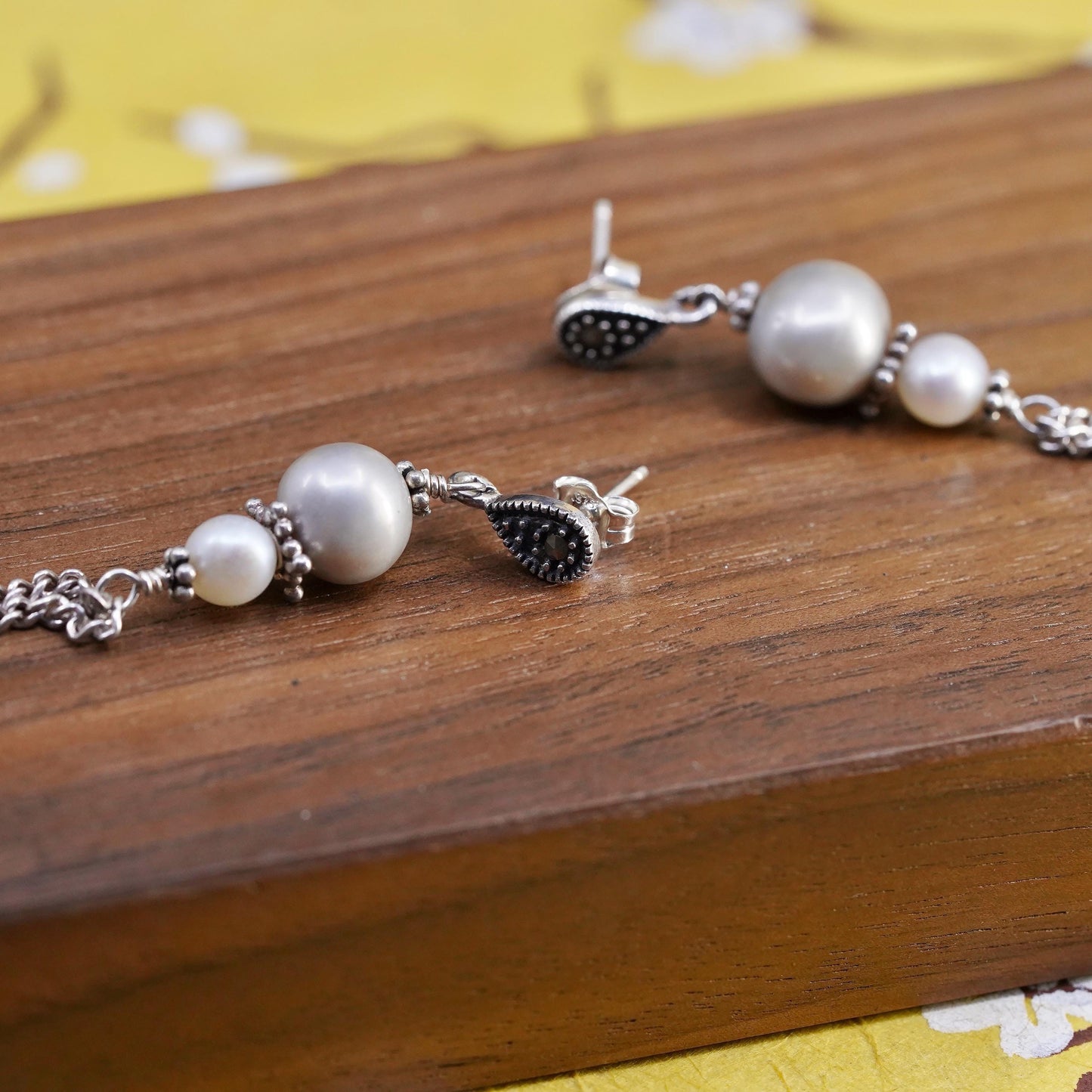 Sterling 925 silver long earrings, freshwater pearl beads marcasites chain