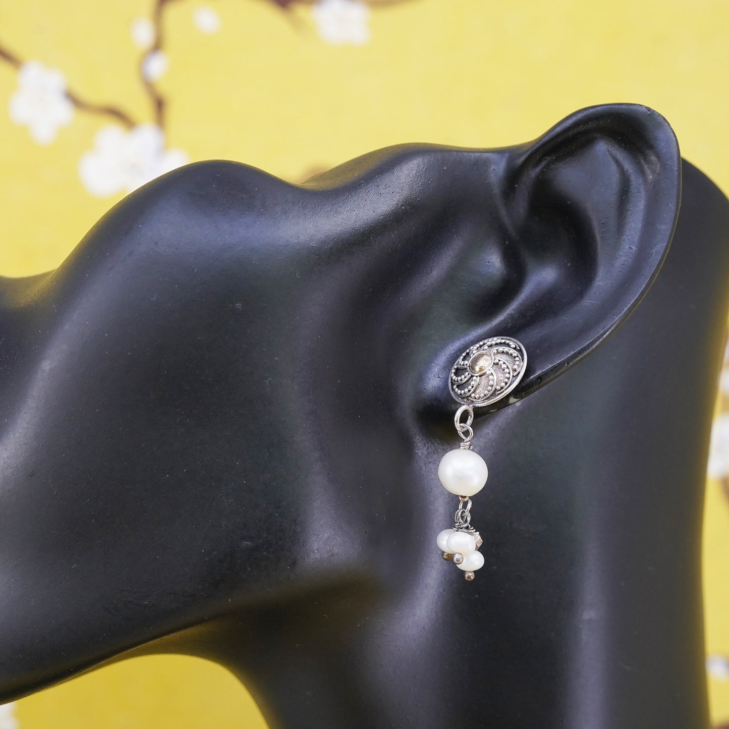 sterling silver earrings with 14K gold dot, bali 925 discs with pearl beads