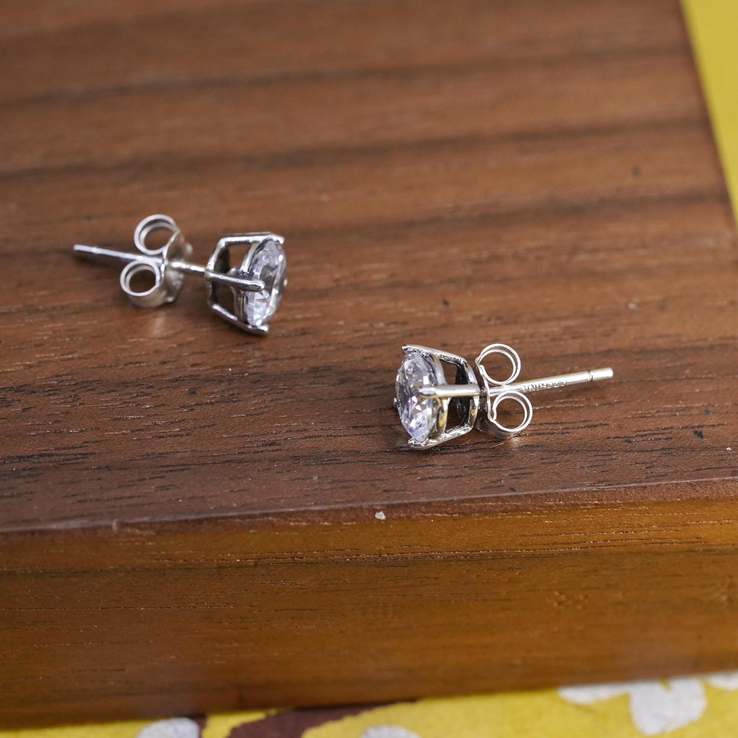 6mm, vintage Sterling silver clear round crystal studs, cz earrings