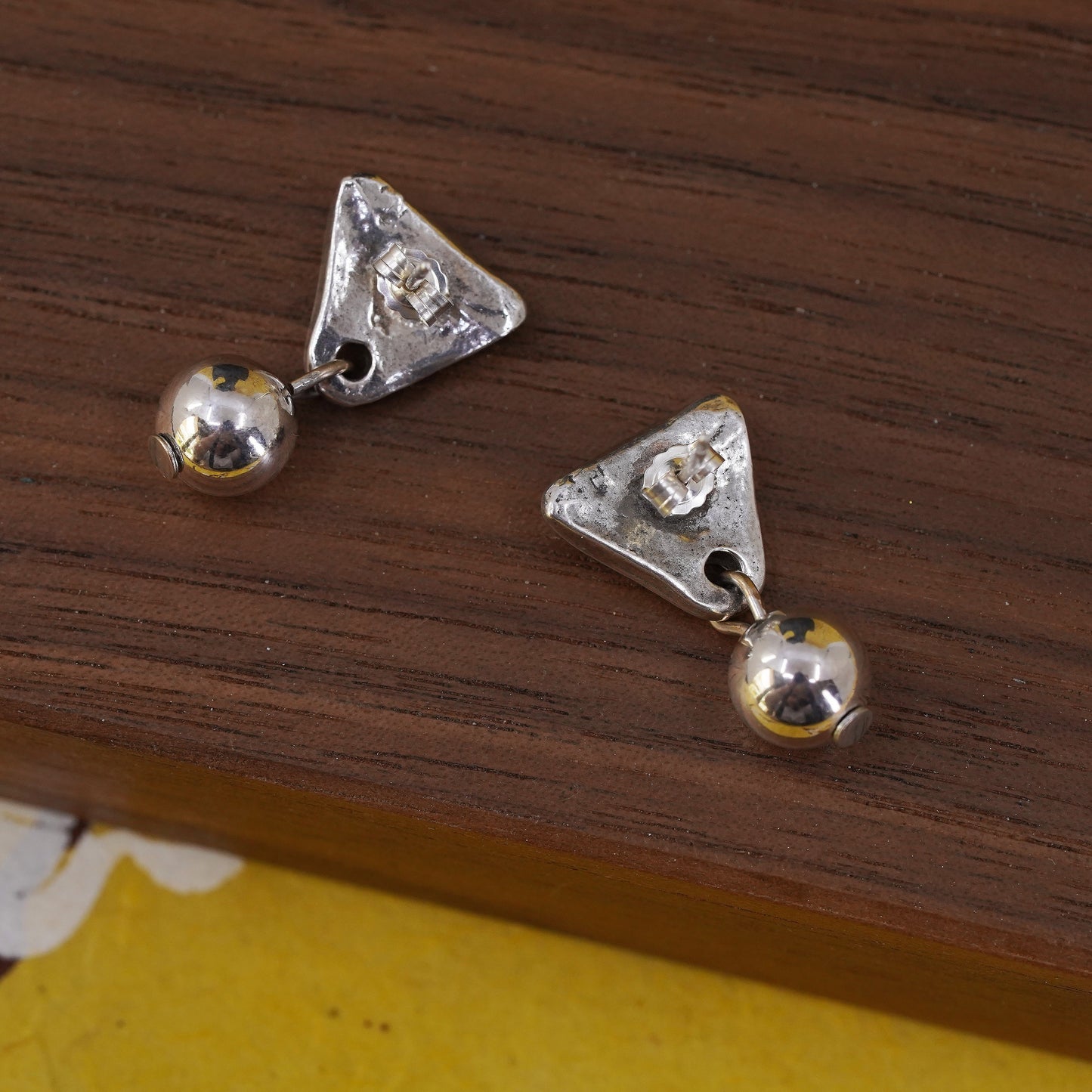 handmade sterling silver earrings, 925 triangular hammered dangle with bead