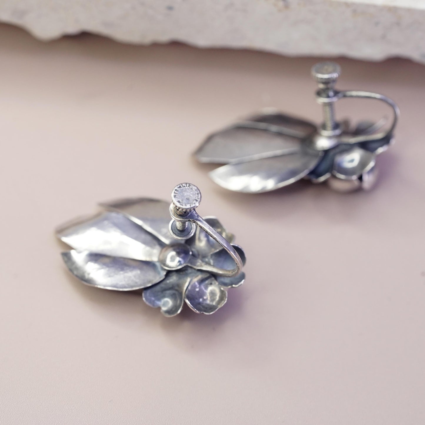 Vintage Sterling silver handmade earrings, 925 screw back flower