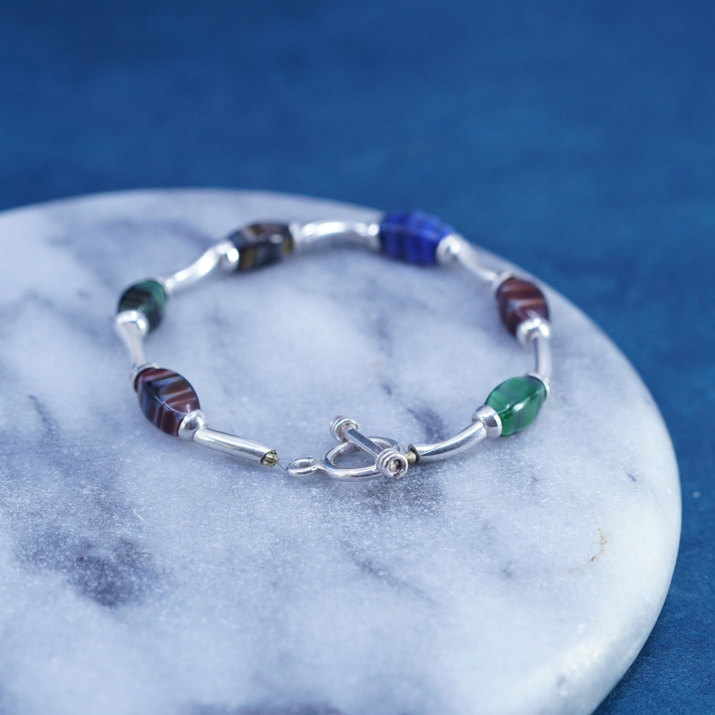 6.75”, vintage sterling silver handmade bracelet, genuine nugget agate beads