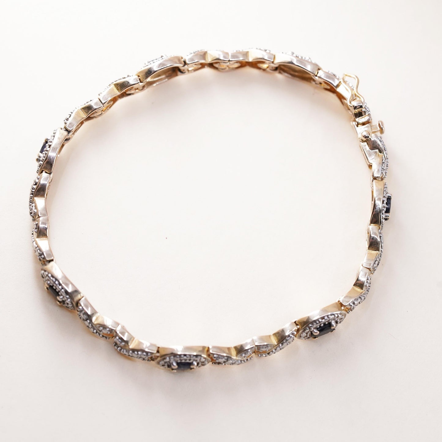 7.25”, vermeil gold sterling silver tennis bracelet, 925 oval sapphire diamond