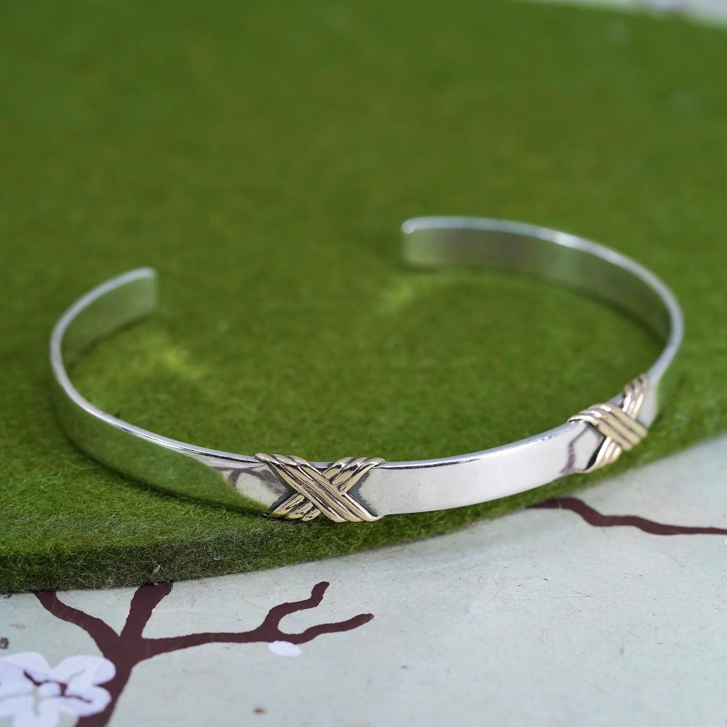 8", Vintage sterling silver 925 handmade cuff bracelet w/ 14K yellow gold trim