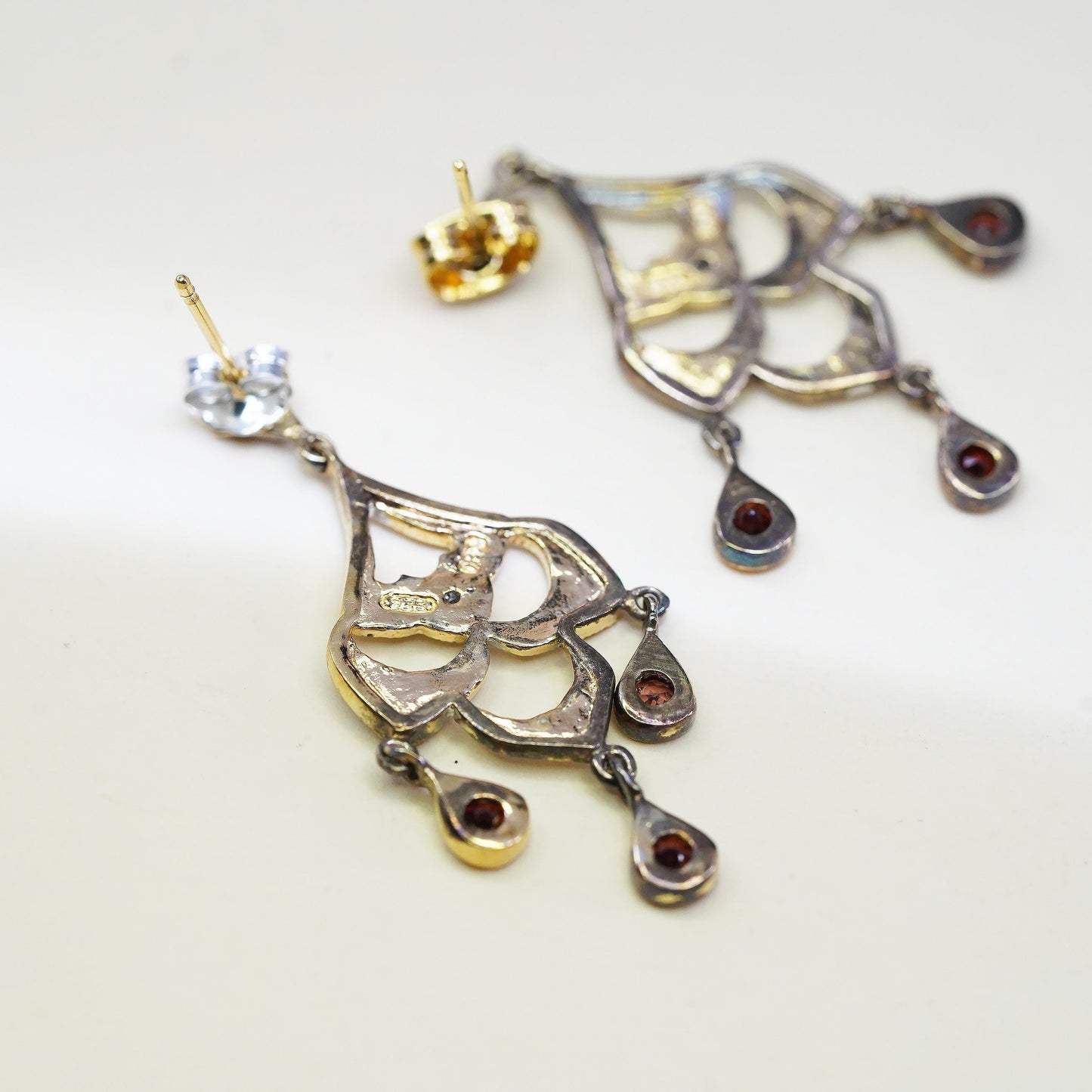 Vintage vermeil yellow gold over sterling 925 silver earrings ruby and diamonds