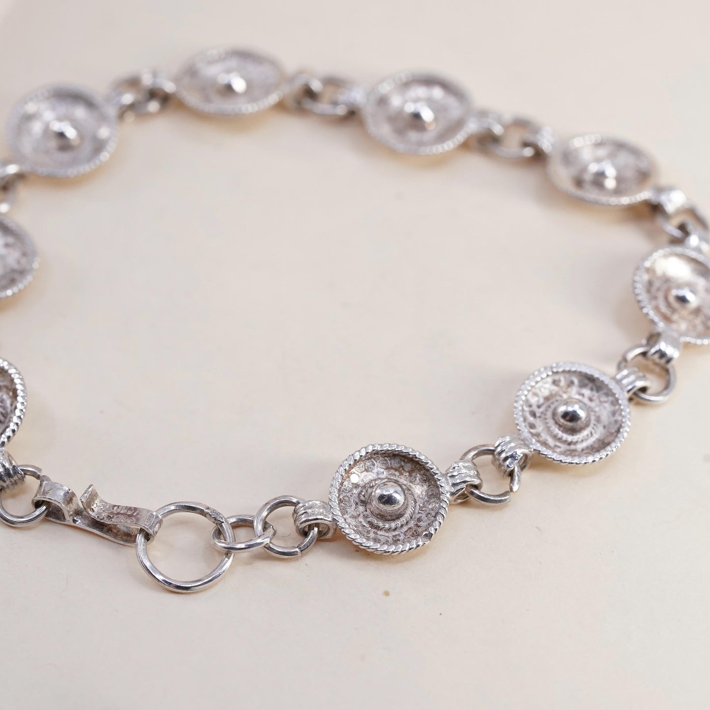 8”, Vintage sterling 925 silver Handmade sombrero hat link chain bracelet