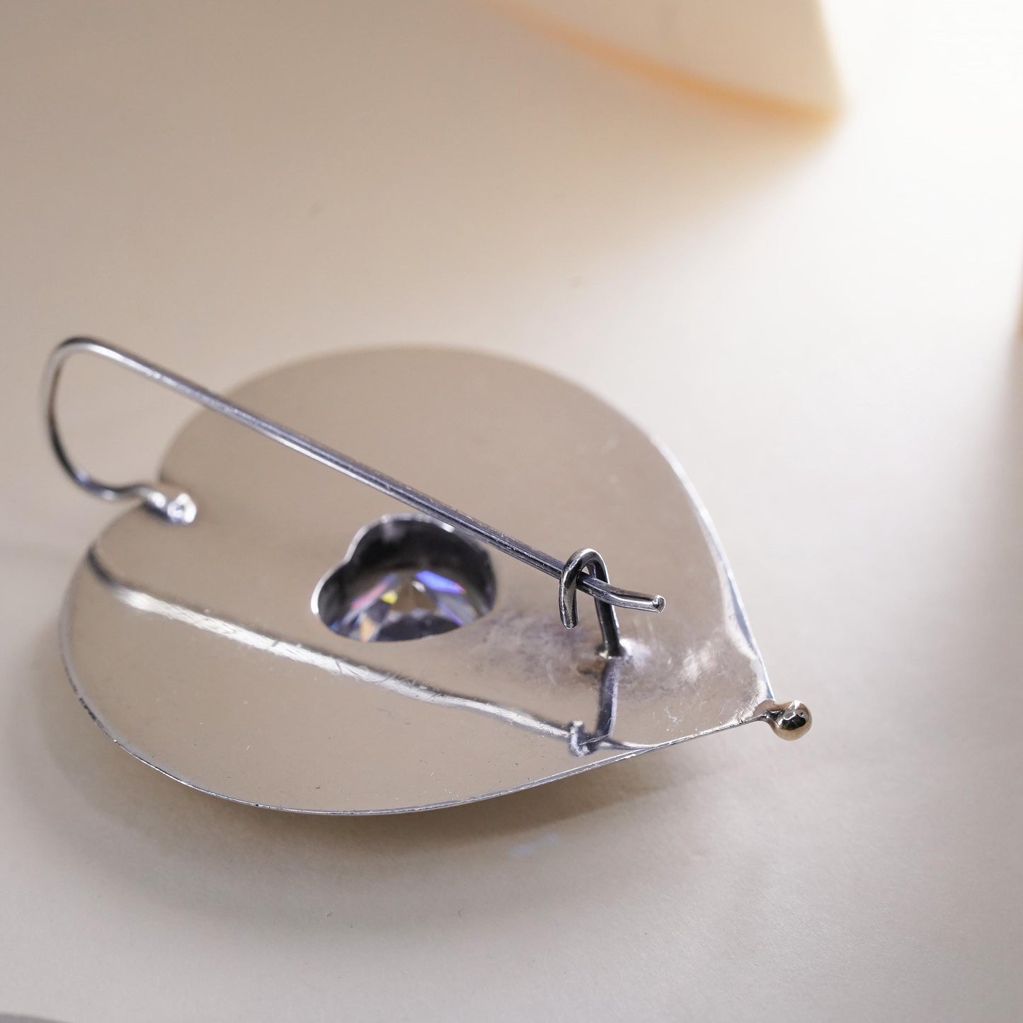 Vintage sterling silver handmade earrings, huge 925 silver heart with CZ