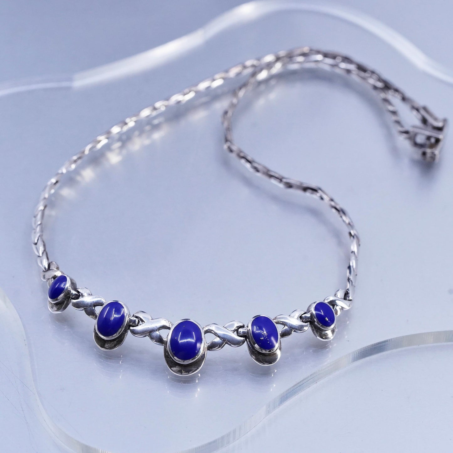 16" 3mm, vintage southwestern Sterling silver 925 tennis necklace with blue onyx