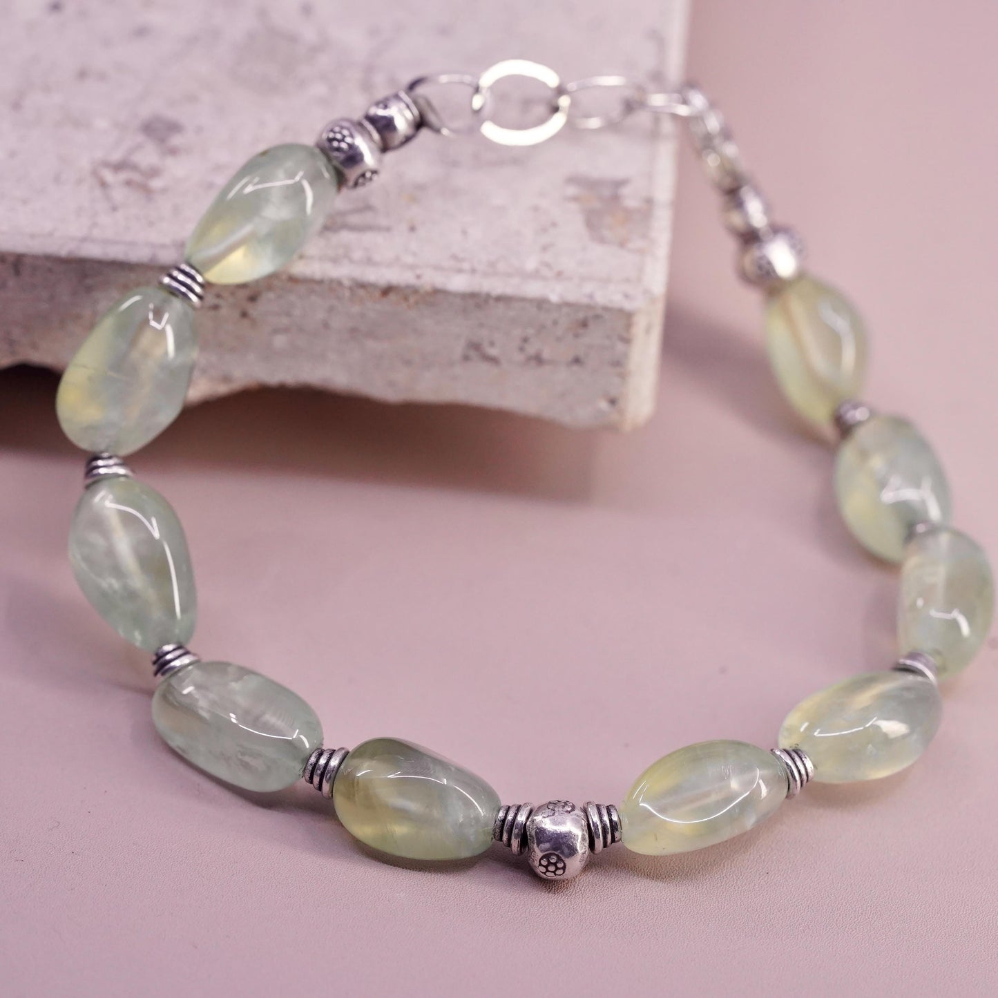7.25", vintage Sterling 925 silver handmade bracelet with oval prehnite nuggets