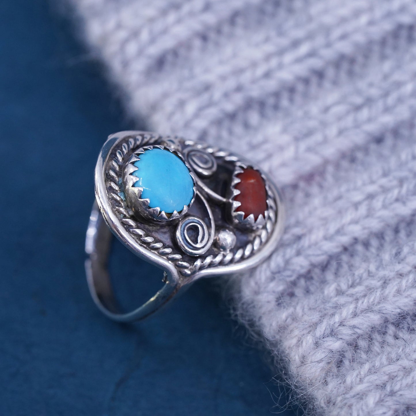 Size 6, Navajo DM Sterling 925 silver ring, Native American, turquoise coral