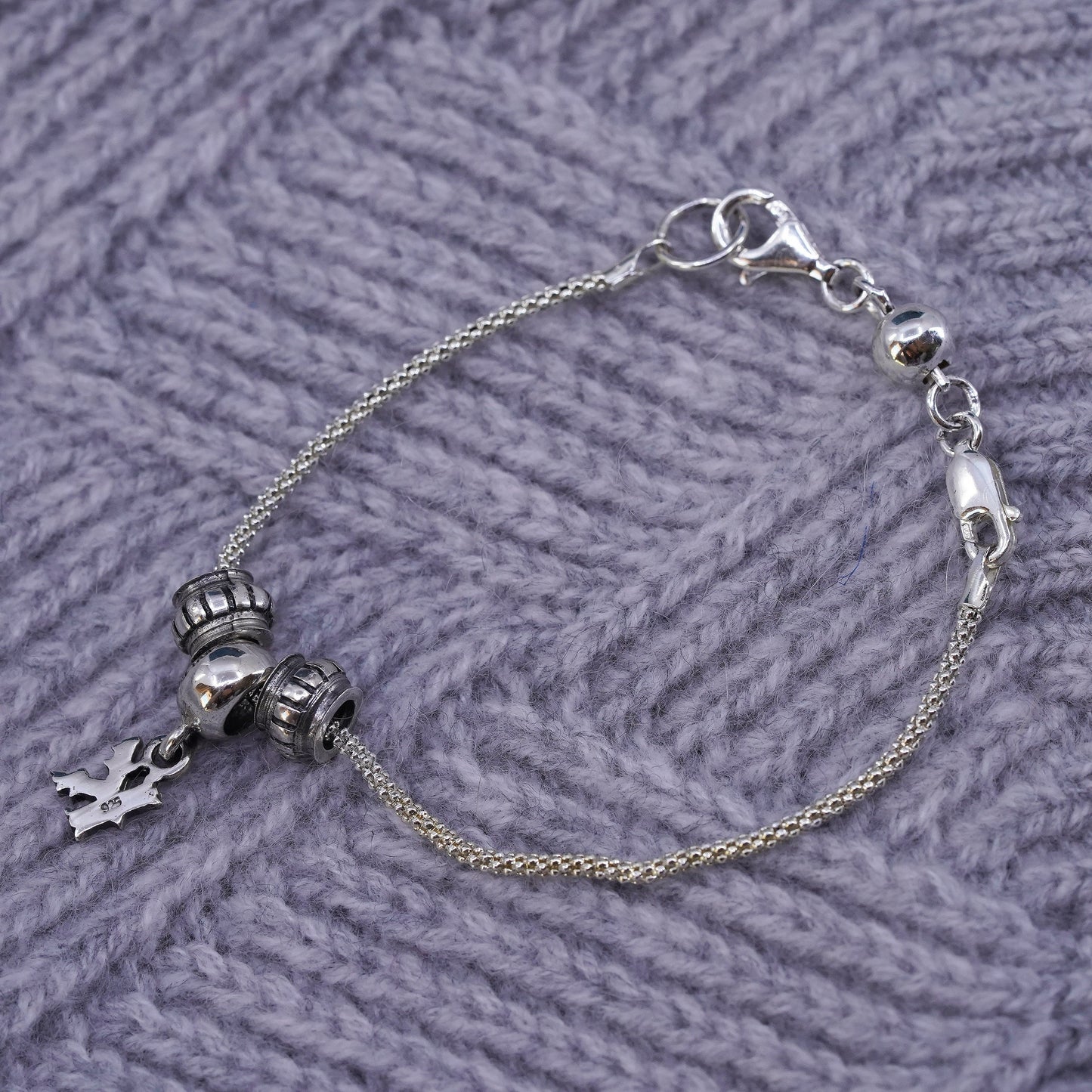 6.5", sterling silver bracelet, 925 popcorn chain w/ divider bead and letter K