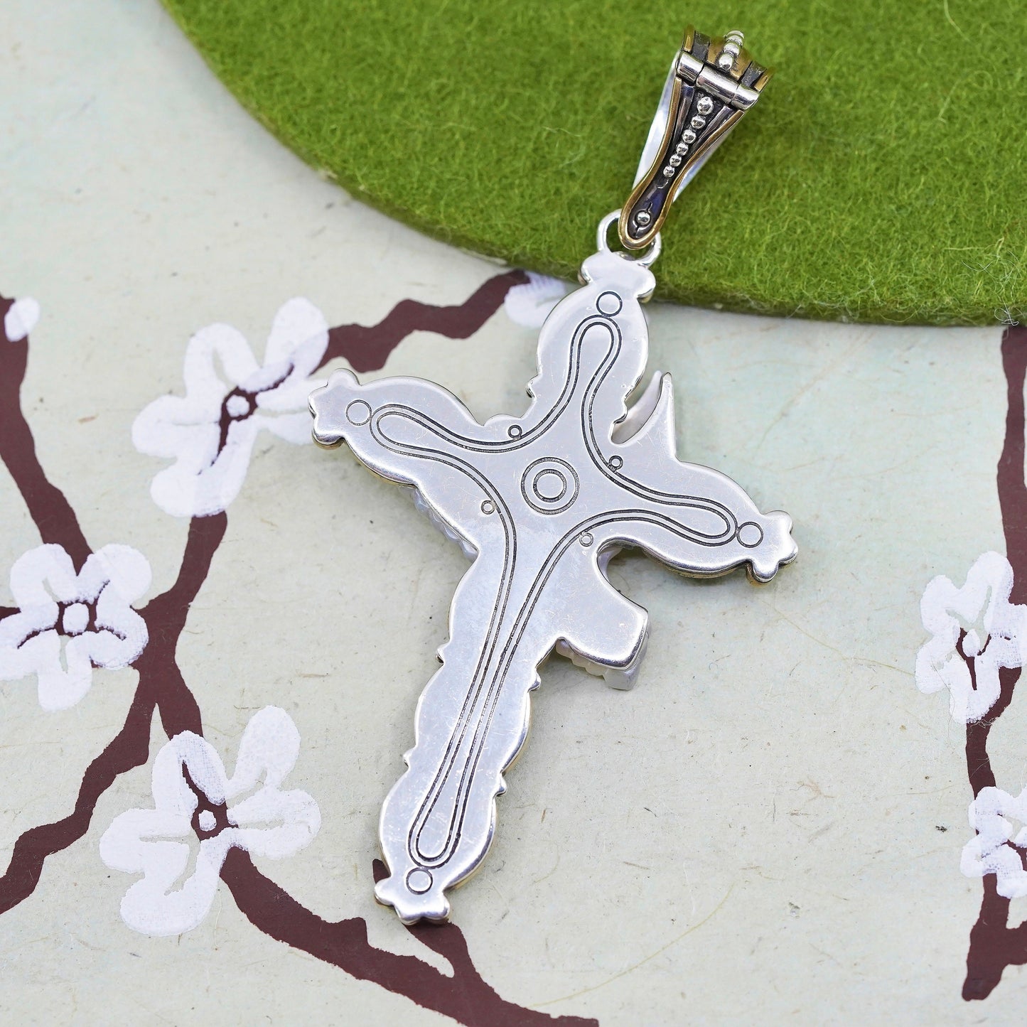 two tone sterling silver handmade pendant, 925 cross with mother of pearl dove