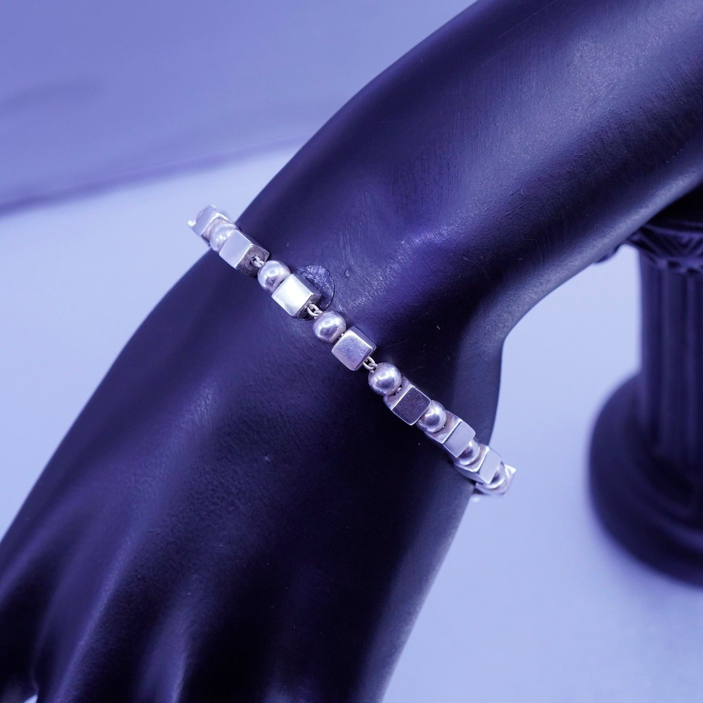 7”, Vintage Sterling 925 silver handmade bracelet, chain with cube beads