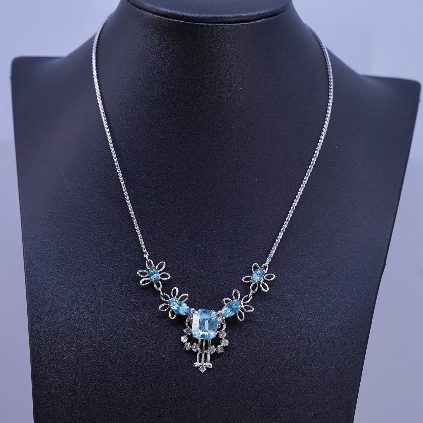 16", vintage white gold GF necklace with blue Rhinestone