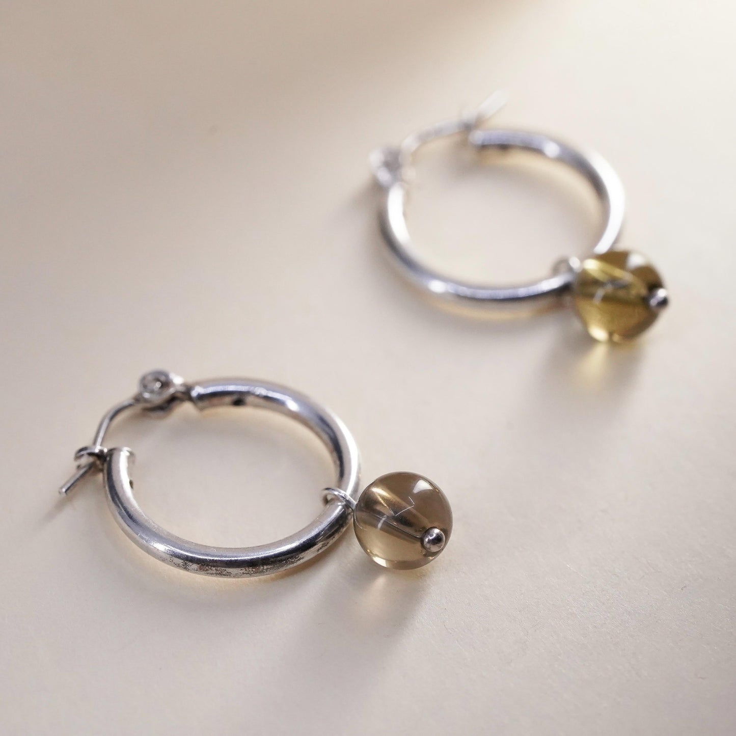 0.5”, VTG sterling 925 silver loop handmade earrings, smoky quartz bead hoops