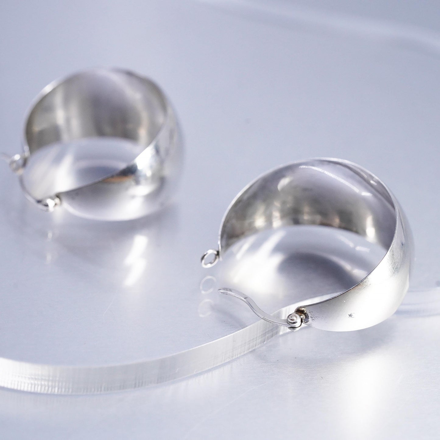 1", Vintage 925 Sterling Silver Wide Earrings, High Polish Dome Hoops, Chunky