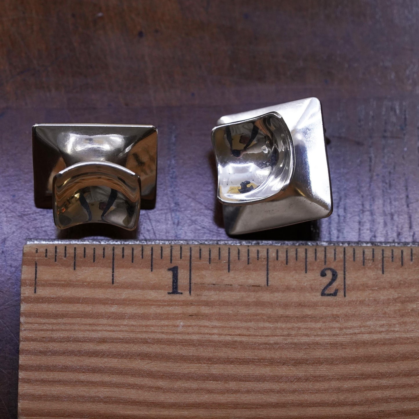 Vintage Sterling silver handmade earrings, Mexican ribbed 925 square studs