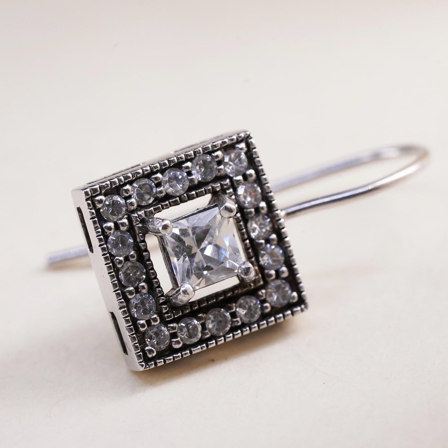 Vintage sterling silver single earring, 925 silver square dangle with clear Cz