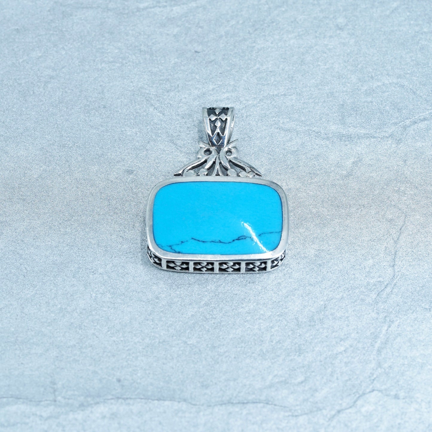 antique sterling 925 silver rectangular double sided pendant w/ turquoise inlay