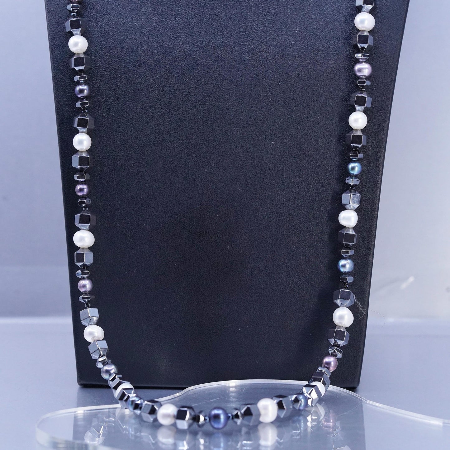 32”, Vintage Sterling 925 silver extra long necklace with hematite pearl beads