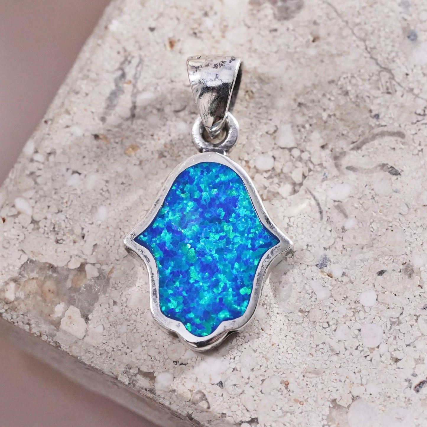 Vintage Sterling silver handmade pendant, 925 healing hand with opal inlay