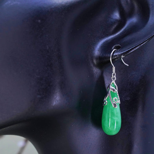 Vintage sterling 925 silver handmade earrings with teardrop jade