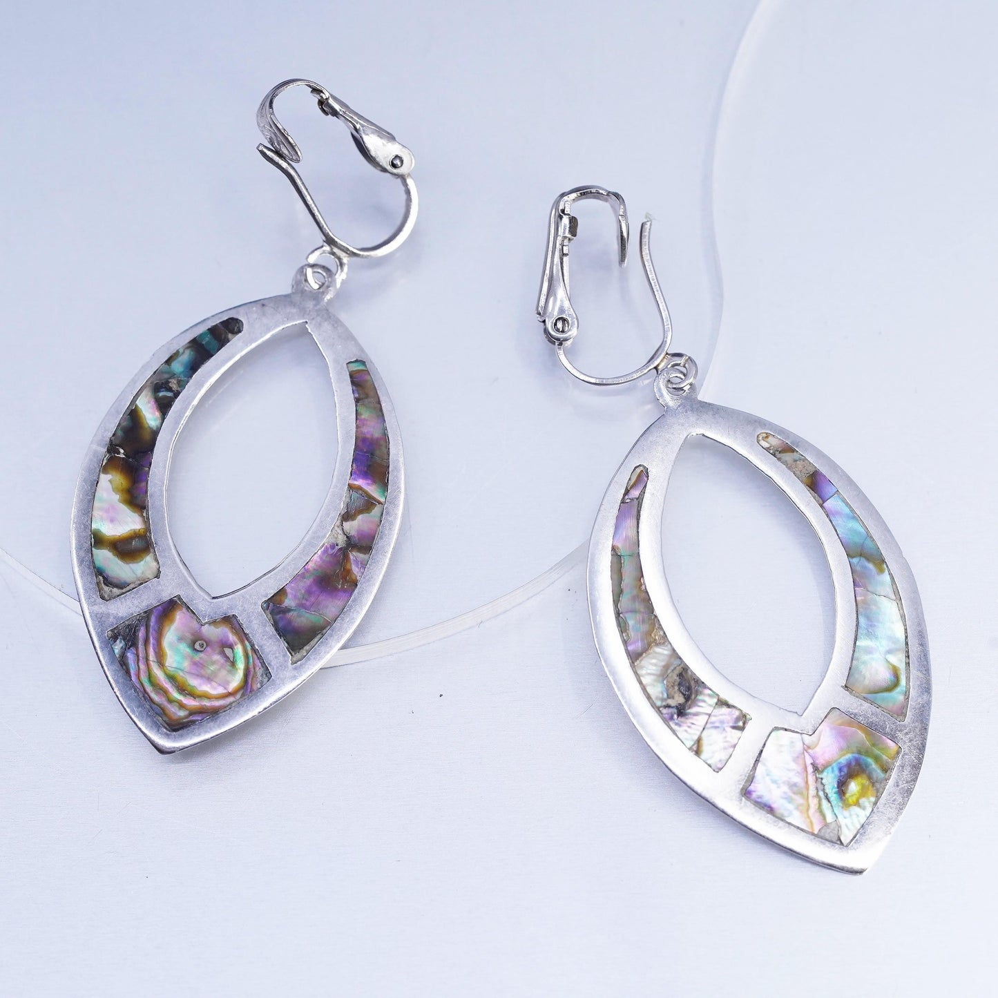 Vintage Mexican Sterling 925 silver earrings, leaf dangles clip on with abalone