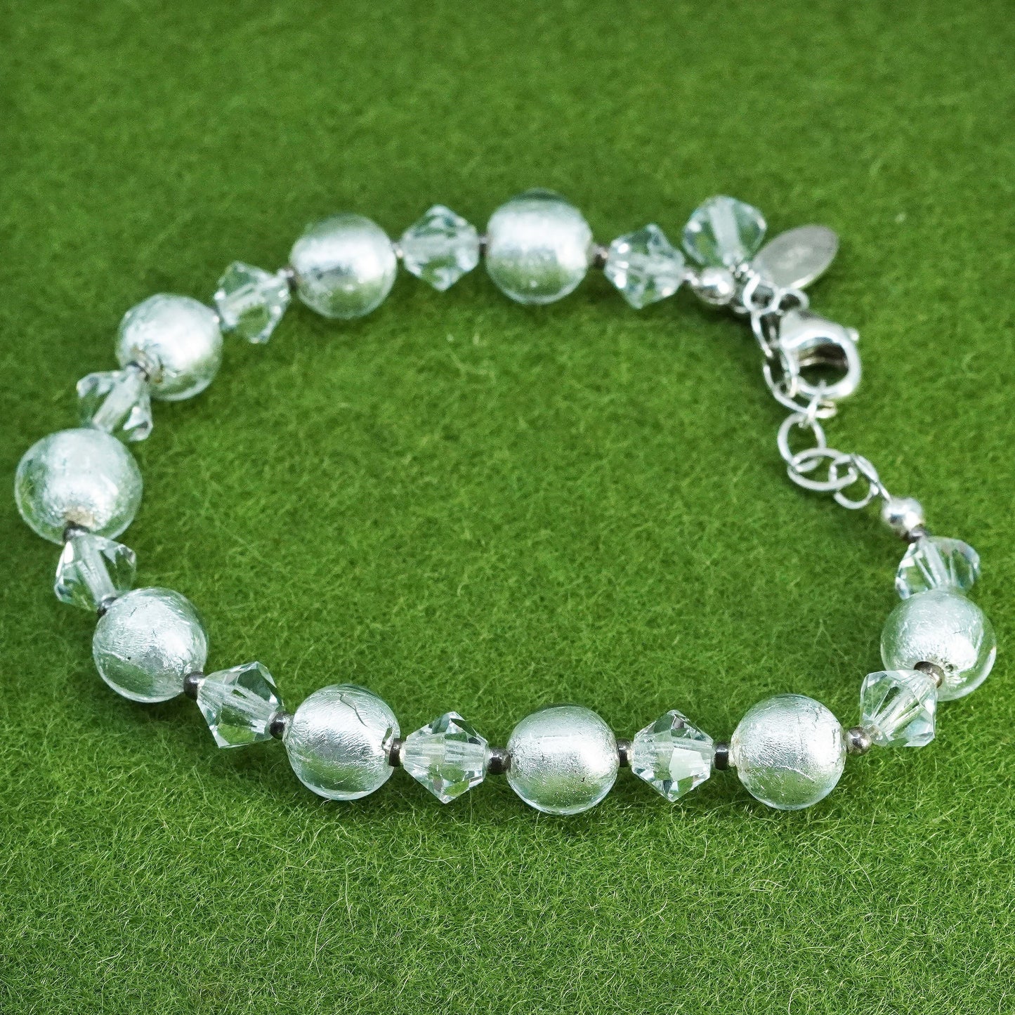 7+1”, lucky clover 925 Sterling silver beads bracelet white artisan glass beads