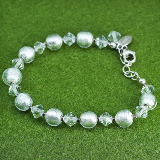7+1”, lucky clover 925 Sterling silver beads bracelet white artisan glass beads